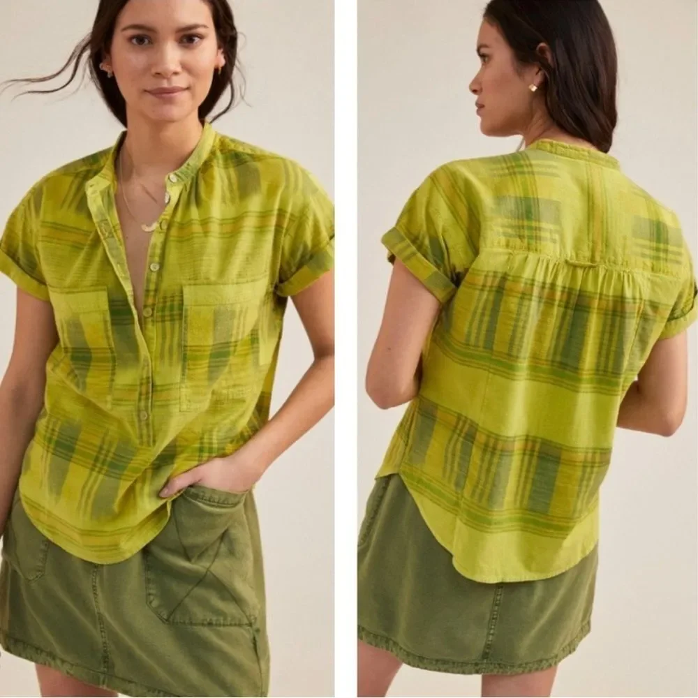 Anthropologie Pilcro The Hannah Green Plaid Surf Shirt Beach Boho Size M